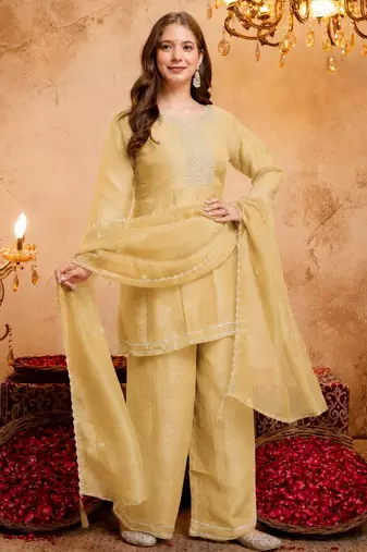 Yellow color smart crunchy fabric designer graceful partywear suit for trendy girlie looks