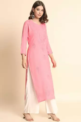 Floral embroidered thread work straight kurta