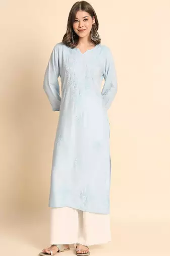 Floral embroidered thread work straight kurta