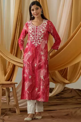 Abstract printed and embroidered straight kurta