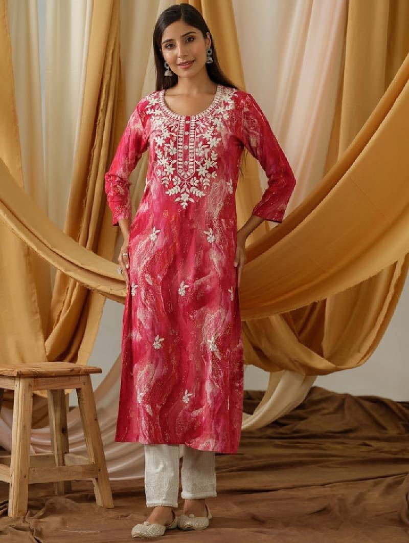 Abstract printed and embroidered straight kurta