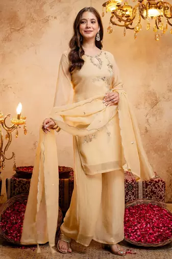Yellow color smart crunchy fabric designer graceful partywear suit for trendy girlie looks