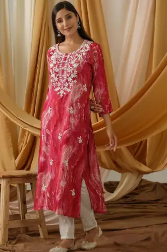 Abstract printed and embroidered straight kurta