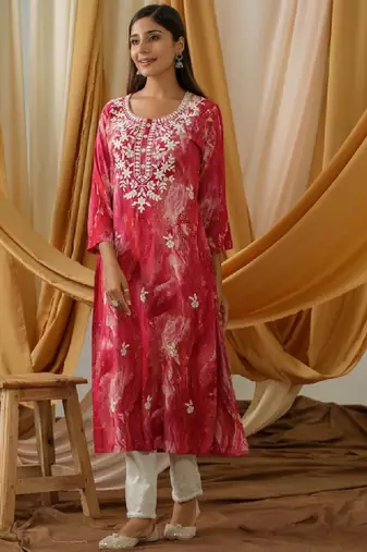 Abstract printed and embroidered straight kurta