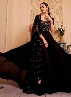 Black floral embroidered sequinned georgette anarkali kurta with dupatta 1