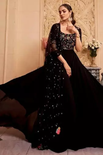 Black floral embroidered sequinned georgette anarkali kurta with dupatta