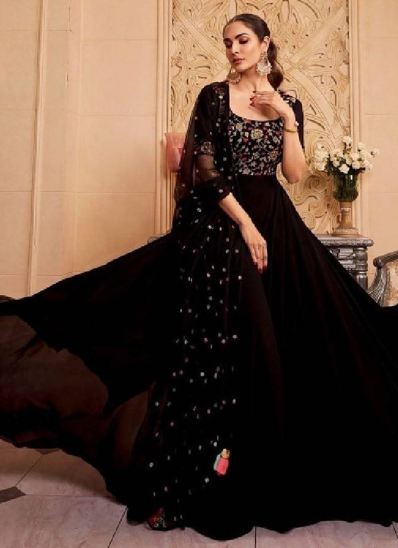 Black floral embroidered sequinned georgette anarkali kurta with dupatta