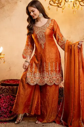 Orange color smart fendy fabric designer graceful partywear suit for trendy girlie looks