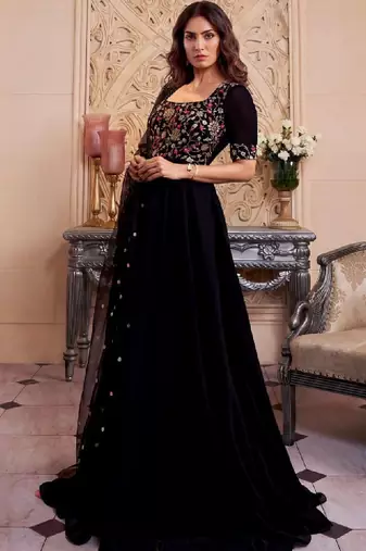 Black floral embroidered sequinned georgette anarkali kurta with dupatta