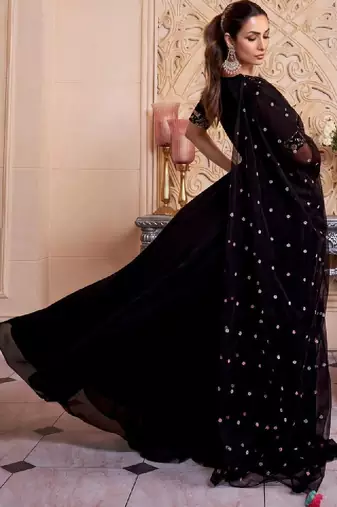 Black floral embroidered sequinned georgette anarkali kurta with dupatta