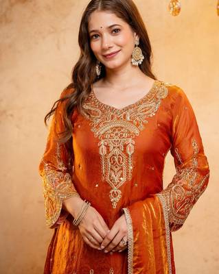 Orange color smart fendy fabric designer graceful partywear suit for trendy girlie looks 3