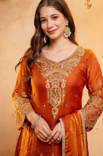 Orange color smart fendy fabric designer graceful partywear suit for trendy girlie looks