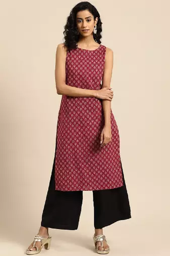 Women ethnic motifs printed kantha work dobby kurta