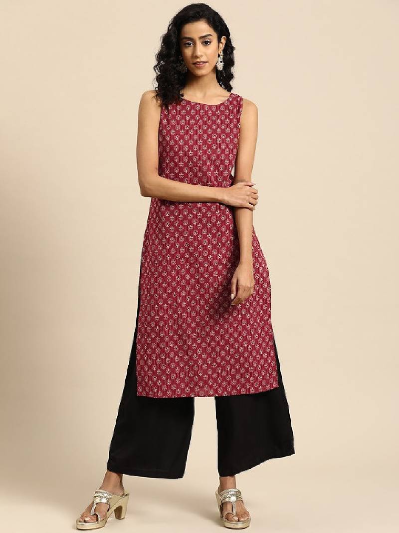 Women ethnic motifs printed kantha work dobby kurta