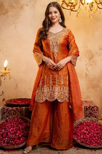 Orange color smart fendy fabric designer graceful partywear suit for trendy girlie looks