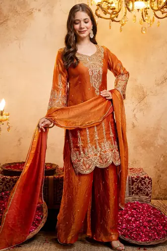 Orange color smart fendy fabric designer graceful partywear suit for trendy girlie looks