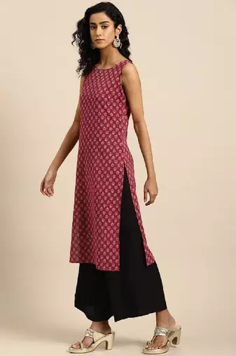 Women ethnic motifs printed kantha work dobby kurta