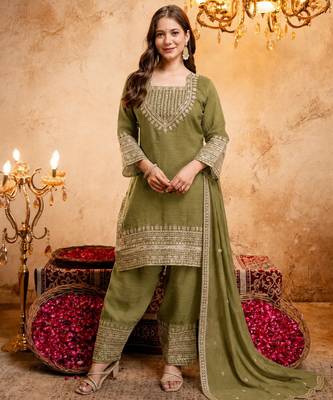 Mahendi color smart crunchy fabric designer graceful partywear suit for trendy girlie looks 1
