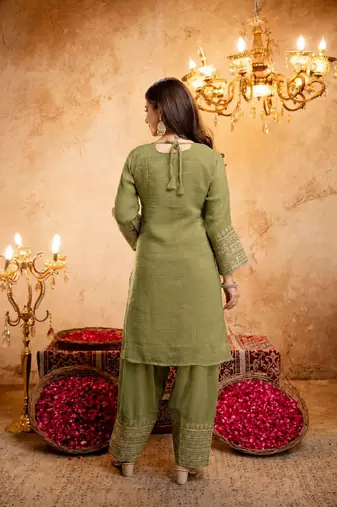 Mahendi color smart crunchy fabric designer graceful partywear suit for trendy girlie looks