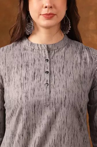 Grey abstract printed mandarin collar cotton kurta