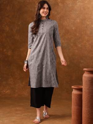 Grey abstract printed mandarin collar cotton kurta 3