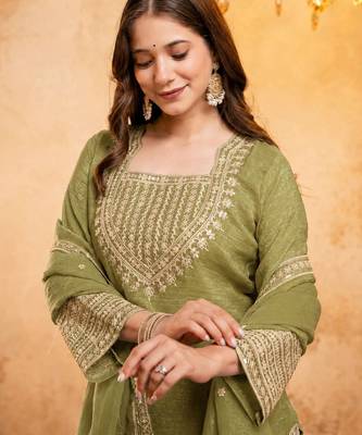 Mahendi color smart crunchy fabric designer graceful partywear suit for trendy girlie looks 3