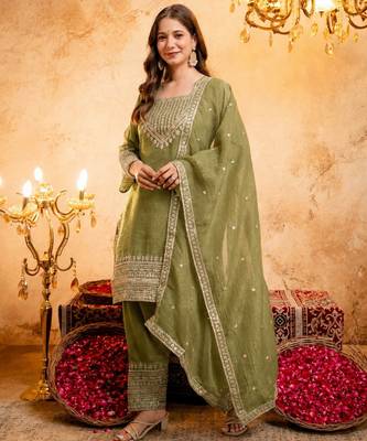 Mahendi color smart crunchy fabric designer graceful partywear suit for trendy girlie looks 4