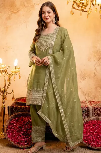 Mahendi color smart crunchy fabric designer graceful partywear suit for trendy girlie looks