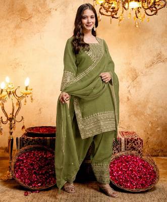 Mahendi color smart crunchy fabric designer graceful partywear suit for trendy girlie looks 5