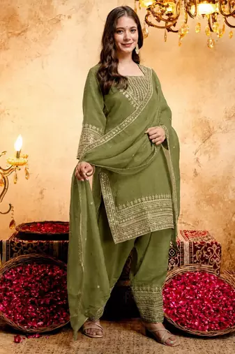 Mahendi color smart crunchy fabric designer graceful partywear suit for trendy girlie looks