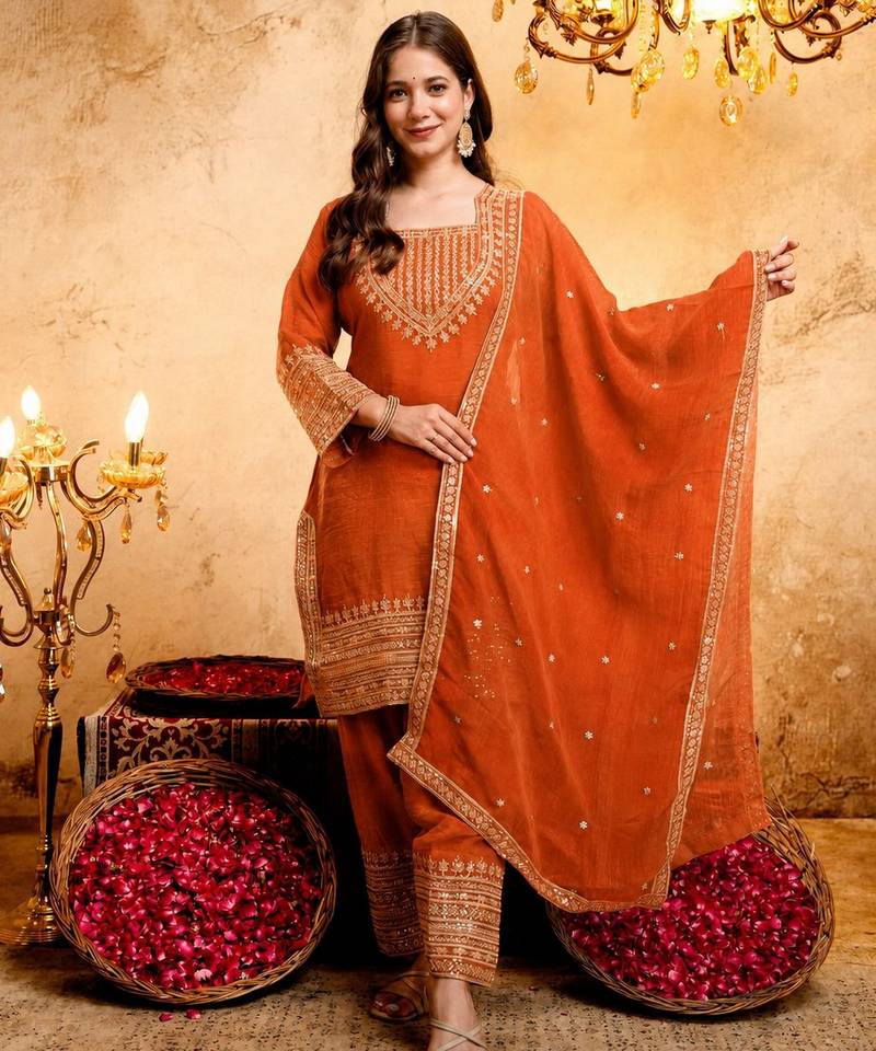 Orange color smart crunchy fabric designer graceful partywear suit for trendy girlie looks