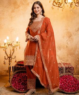 Orange color smart crunchy fabric designer graceful partywear suit for trendy girlie looks 4