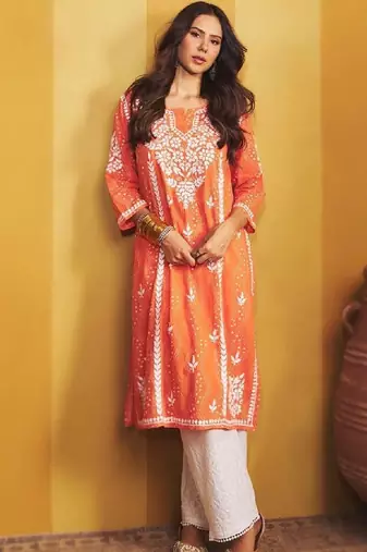 Sonam orange mulmul chikankari kurta