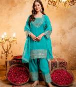 Firozi color smart crunchy fabric designer graceful partywear suit for trendy girlie looks