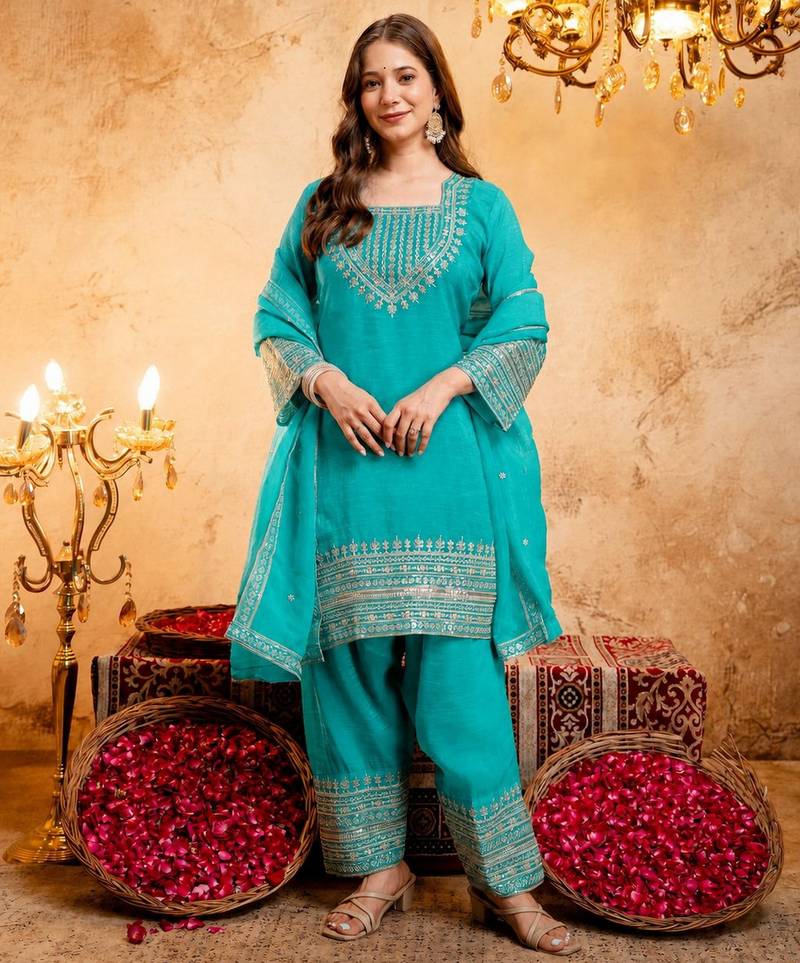 Firozi color smart crunchy fabric designer graceful partywear suit for trendy girlie looks