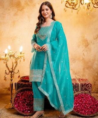 Firozi color smart crunchy fabric designer graceful partywear suit for trendy girlie looks 4