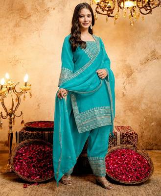 Firozi color smart crunchy fabric designer graceful partywear suit for trendy girlie looks 5