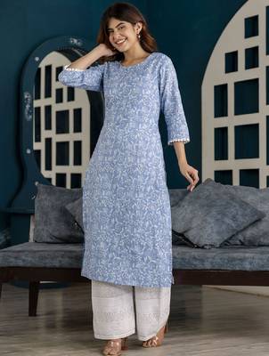 Floral printed printed round neck pure cotton straight kurta 1