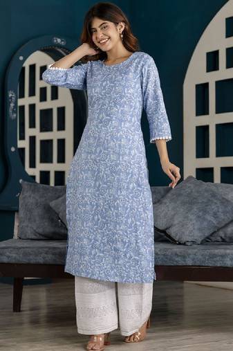 Floral printed printed round neck pure cotton straight kurta