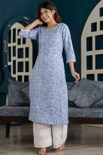 Floral printed printed round neck pure cotton straight kurta