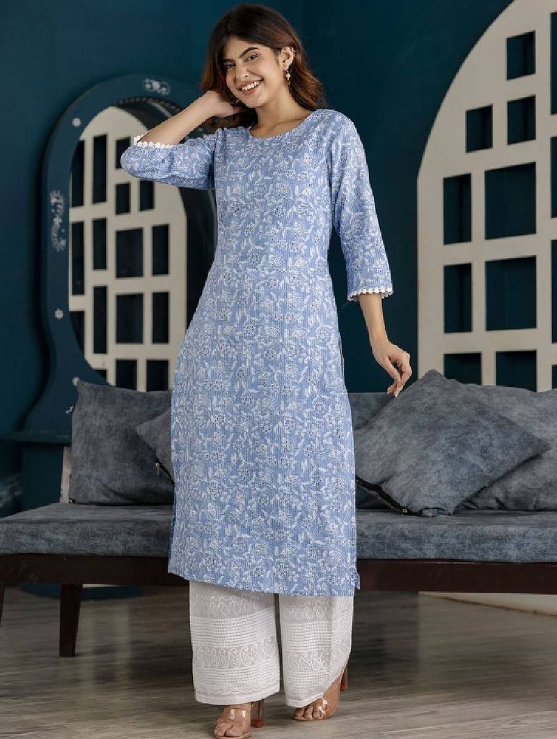Floral printed printed round neck pure cotton straight kurta