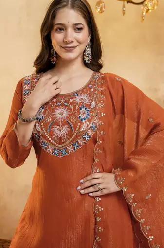 Orange color smart crunchy fabric designer graceful partywear suit for trendy girlie looks