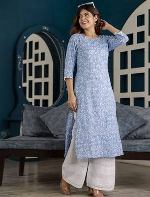 Floral printed printed round neck pure cotton straight kurta 3