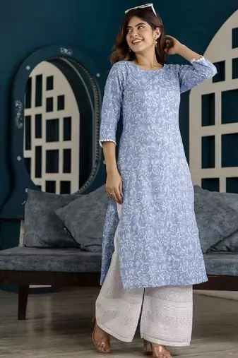 Floral printed printed round neck pure cotton straight kurta