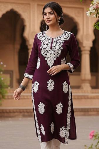 Floral embroidered thread work straight kurta