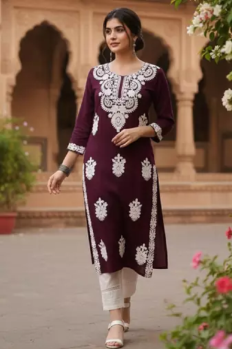 Floral embroidered thread work straight kurta