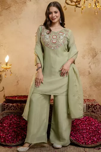Pista color smart crunchy fabric designer graceful partywear suit for trendy girlie looks
