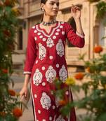 Round neck thread work straight kurta