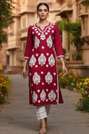 Round neck thread work straight kurta