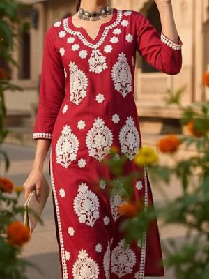 Round neck thread work straight kurta 3